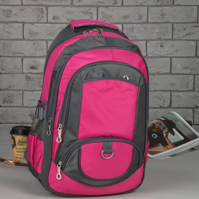 Рюкзак молодёжный "Классика", отдел на молнии, 4 наружных кармана, 2 боковые сетки, с пеналом, цвет серый/малиновый