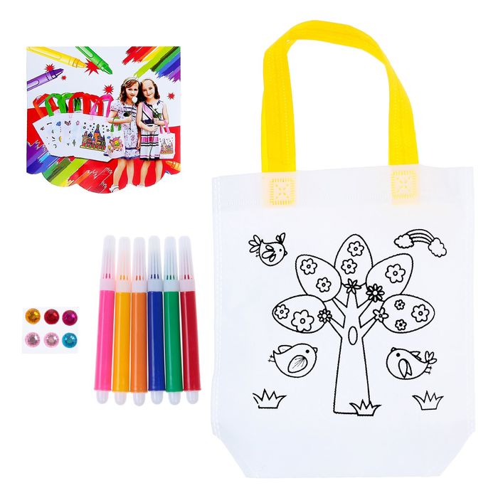 Сумка с рисунком под роспись "Дерево с птичками" + фломастеры 6 цветов