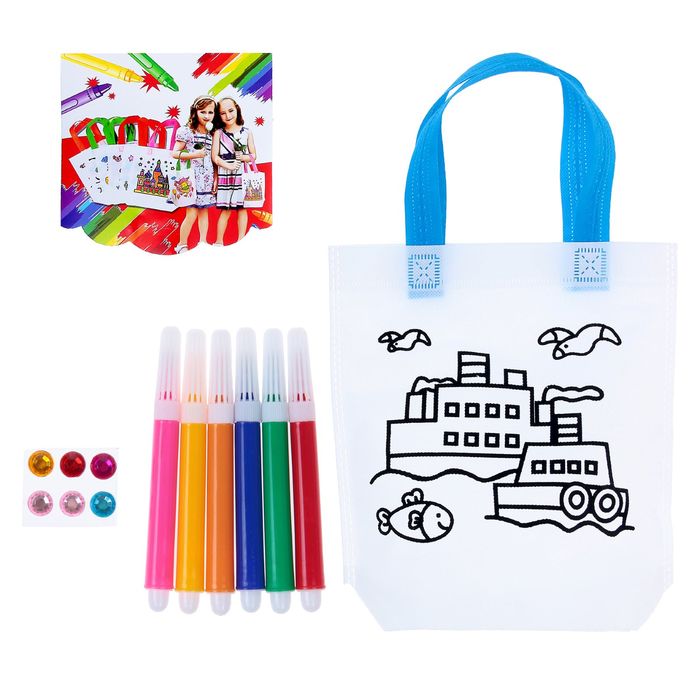 Сумка с рисунком под роспись "Кораблики" + фломастеры 6 цветов