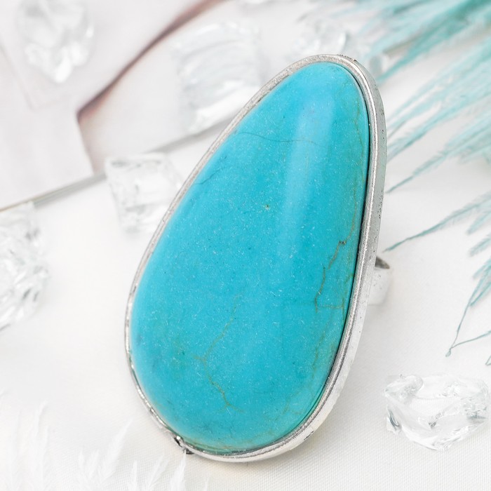 Кольцо "Бирюзовый мир" капля крупная, цвет голубой в серебре, безразмерное