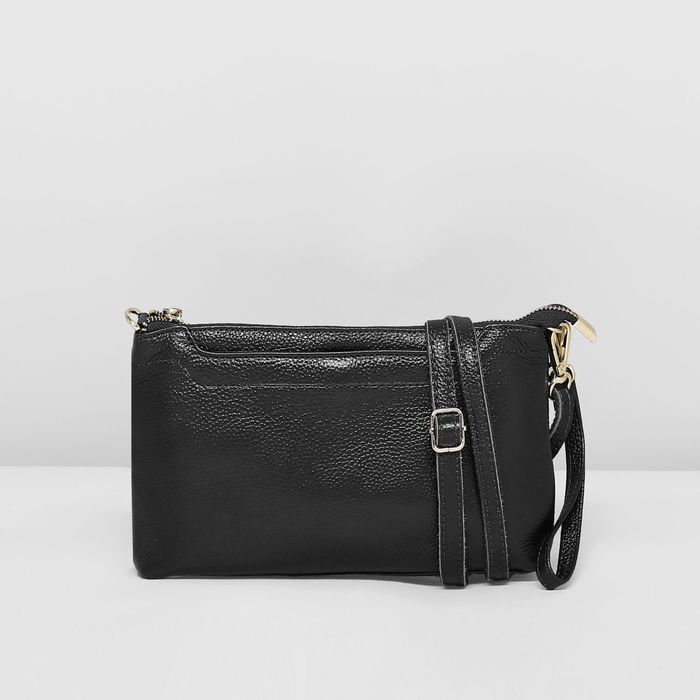 Клатч женский на молнии, 1 отдел с перегородкой, ручка, 2 наружных кармана, длинный ремень, цвет чёрный