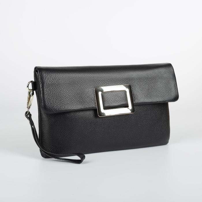 Клатч женский на молнии, 1 отдел, наружный карман, длинный ремень, цвет чёрный