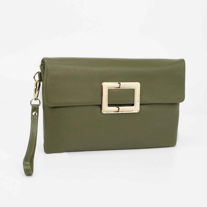 Клатч женский на молнии, 1 отдел, наружный карман, длинный ремень, цвет зелёный