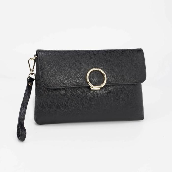 Клатч женский на молнии, 1 отдел с перегородкой, наружный карман, длинный ремень, цвет чёрный