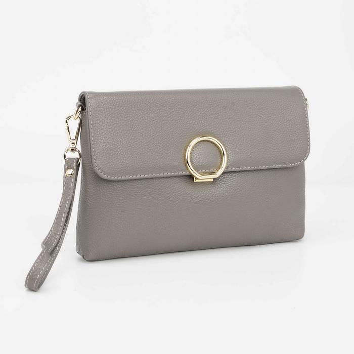 Клатч женский на молнии, 1 отдел с перегородкой, наружный карман, длинный ремень, цвет серый
