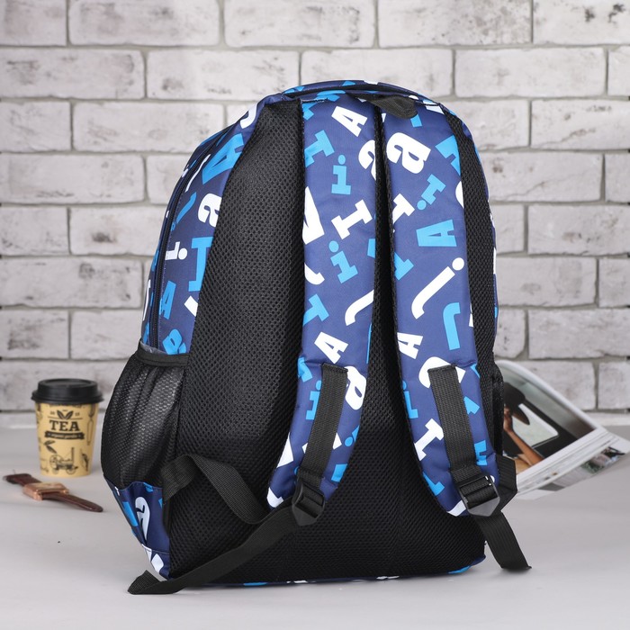 Рюкзак подр Буквы 27*17*43, отдел на молнии, 3 нар кармана, 2 бок сетки, усил спинка, синий 16753
