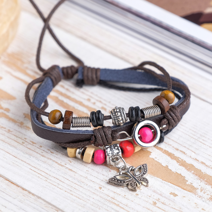 Браслет кожа "Стиль" бабочка, цветной