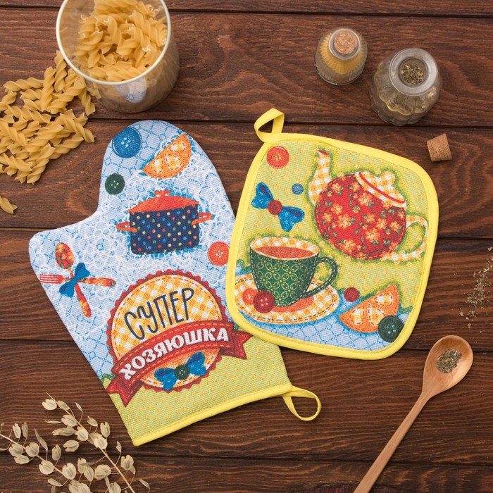 Набор "Доляна" Супер хозяюшка: варежка 18х26 см, прихватка 17х17 см, рогожка 162 г/м2