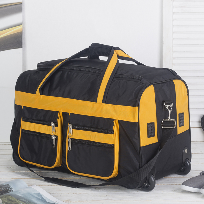 Сумка дорожная, на колёсах, 1 отдел, 4 наружных кармана, длинный ремень, цвет чёрный/жёлтый