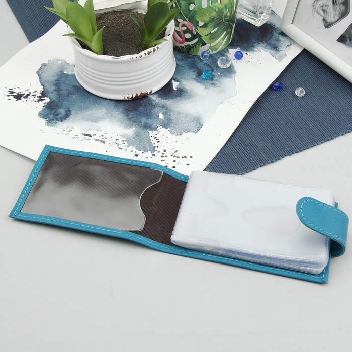 Визитница на кнопке, 1 ряд, флотер, цвет бирюзовый