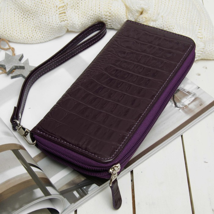 Кошелёк женский, 3 отдела, для карт, наружный карман, ручка, кайман фиолетовый