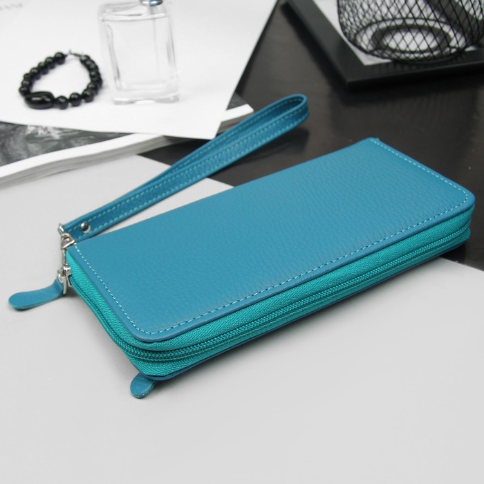 Кошелёк женский, 3 отдела, для карт, наружный карман, ручка, флотер, цвет морской волны