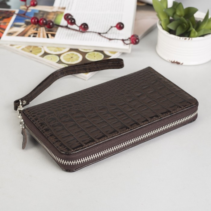 Кошелёк женский, 2 отдела, для карт, для монет, ручка, крокодил коричневый