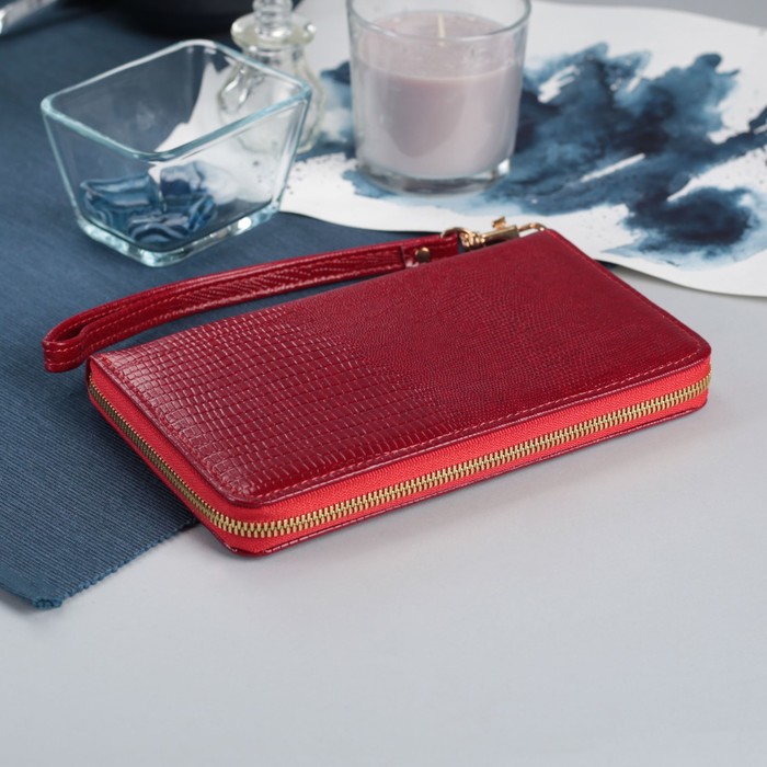 Кошелёк женский, 2 отдела, для карт, для монет, ручка, игуана, цвет красный