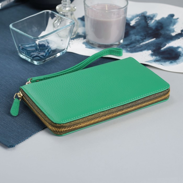 Кошелёк женский, 2 отдела, для карт, для монет, ручка, флотер ярко-зелёный
