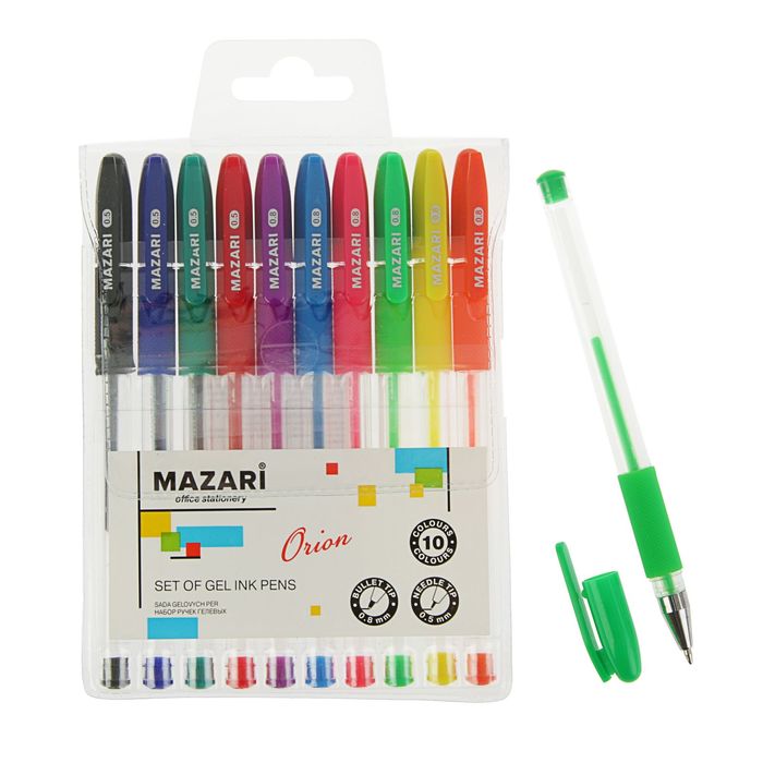 Набор ручек гелевых Orion 10 цветов (4 основных + 6 флуорисцентных) игольчатый пишущий узел 0.5мм, пулевидный пишущий узел 0.8мм, резиновый грип