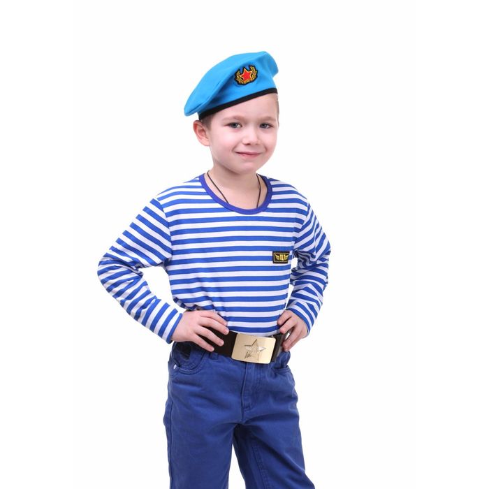 Детский костюм военного "ВДВ", тельняшка, голубой берет, ремень, рост 128 см