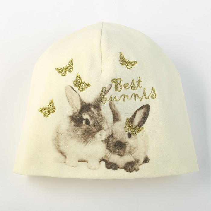 Шапка для девочки "Кролики", размер 44-46, цвет молочный P-291 _М