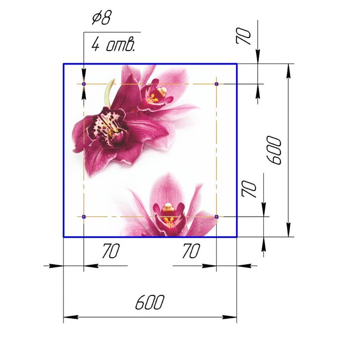 Стеклянный фартук закаленное стекло М1 "Орхидея-2", 600х600х4