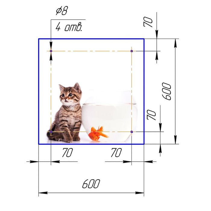 Стеклянный фартук закаленное стекло М1 "Кот и золотая рыбка", 600х600х4