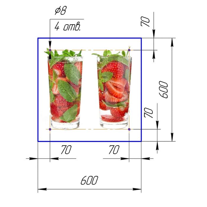 Стеклянный фартук закаленное стекло М1 "Клубника в стакане", 600х600х4