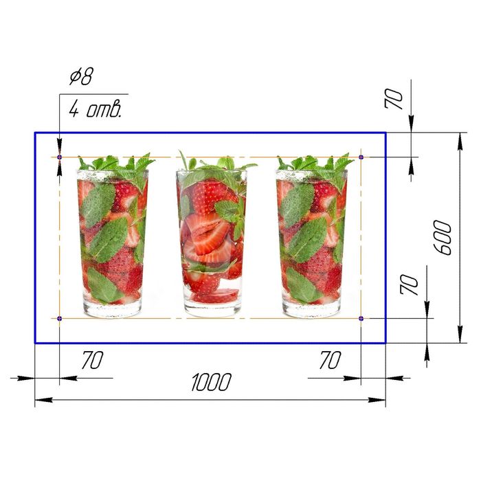 Стеклянный фартук закаленное стекло М1 "Клубника в стакане", 600х1000х4