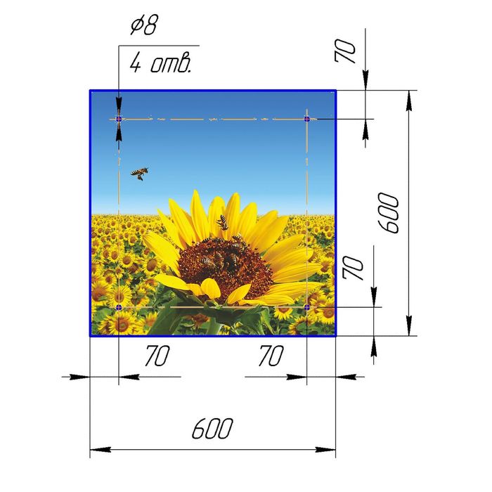 Стеклянный фартук закаленное стекло М1 "Подсолнухи", 600х600х4