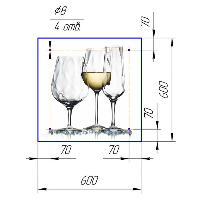 Стеклянный фартук закаленное стекло М1 "Бокалы", 600х600х4