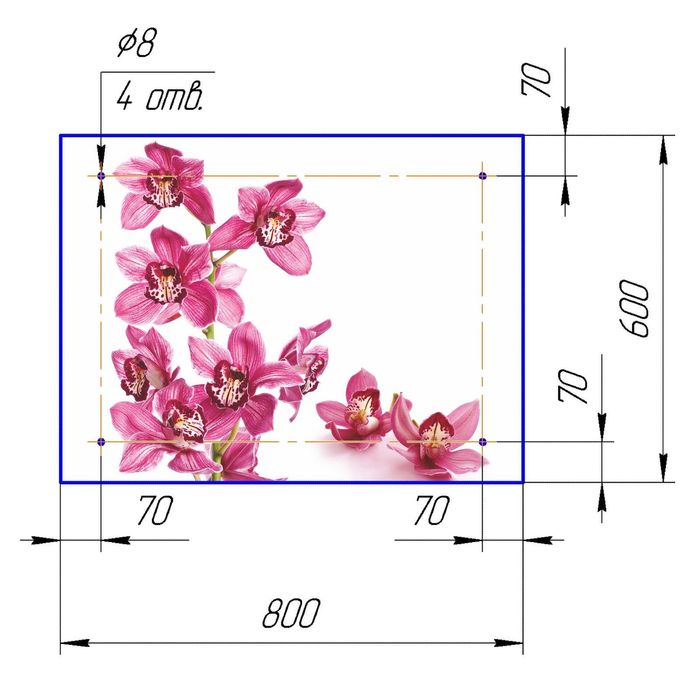 Стеклянный фартук закаленное стекло М1 "Орхидея-2", 600х800х4
