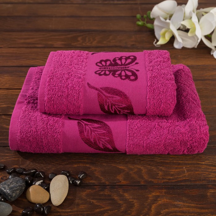 КМП в коробке Fiesta "Cotonn" Butterfly (70х130+50х90), цв.малиновый , хлопок 100%, 400г/м