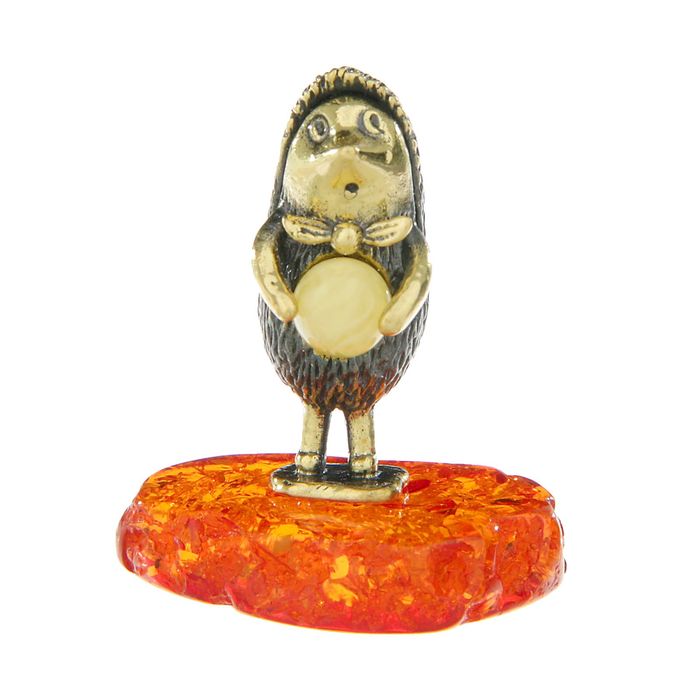 Сувенир из латуни и янтаря "Ёжик в тумане с узелком"