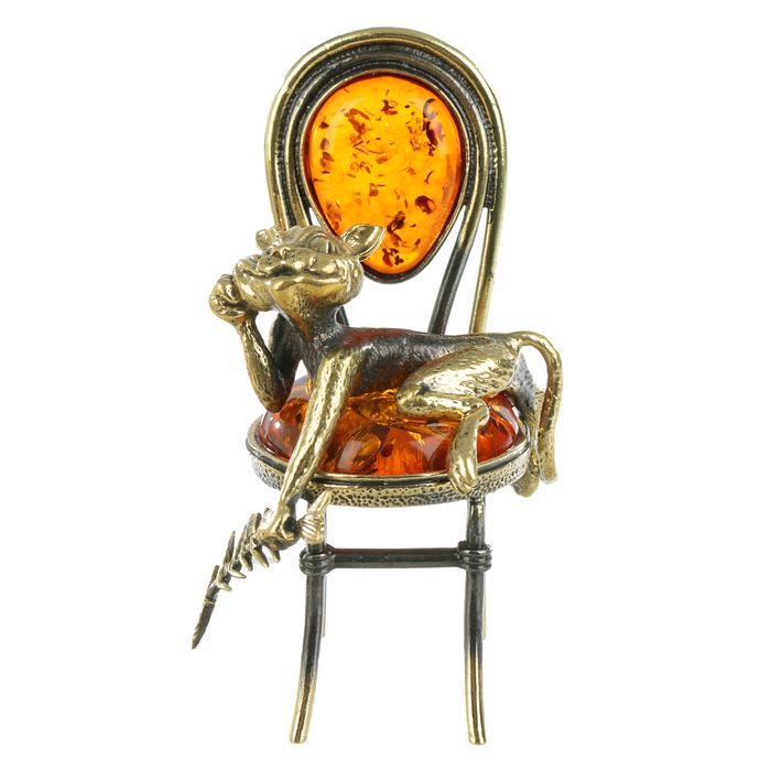 Сувенир из латуни и янтаря "Кот сытый на стуле"