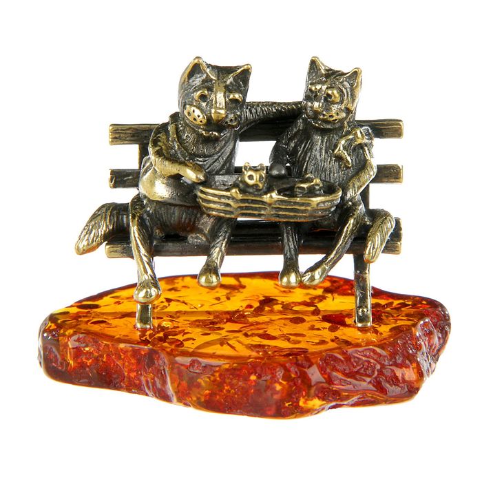 Сувенир из латуни и янтаря "Коты пара с котятами" 6х4 см