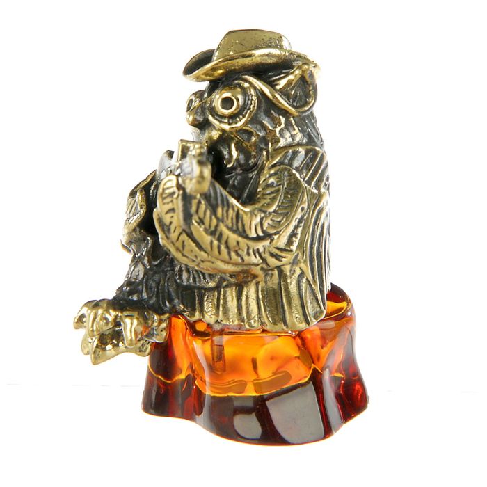 Сувенир из латуни и янтаря "Филин с гитарой" 3х3,7 см