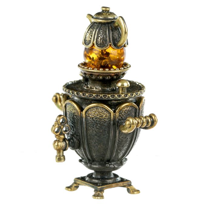 Сувенир из латуни и янтаря "Самовар большой открывающийся" 3,6х4,8 см