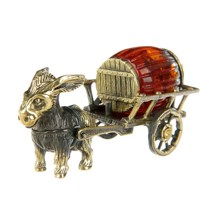 Сувенир из латуни и янтаря "Ослик с повозкой"