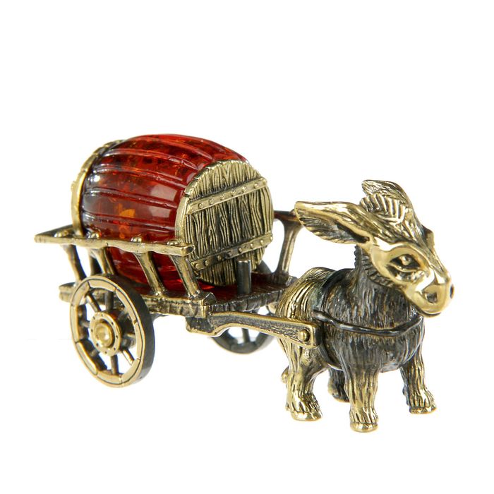 Сувенир из латуни и янтаря "Ослик с повозкой"