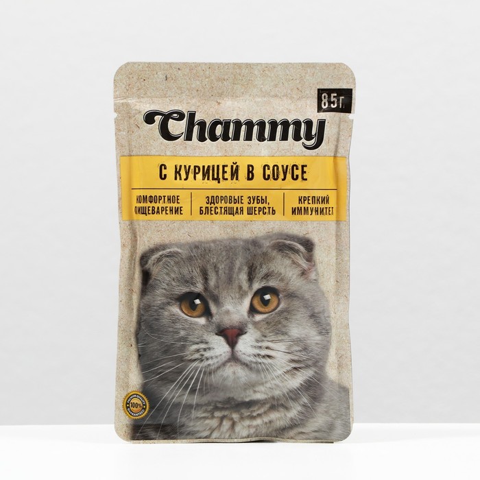 Влажный корм Chammy для кошек, курица, кусочки в соусе, пауч, 85 г