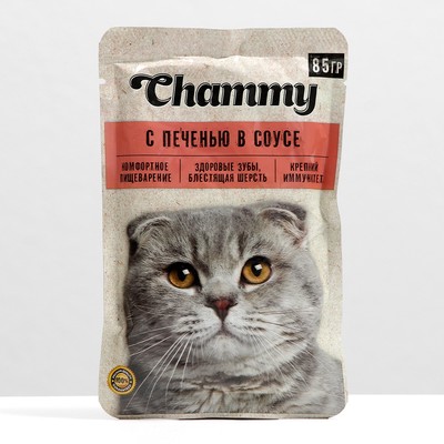 Влажный корм Chammy для кошек, печень, кусочки в соусе, пауч, 85 г - Фото 1