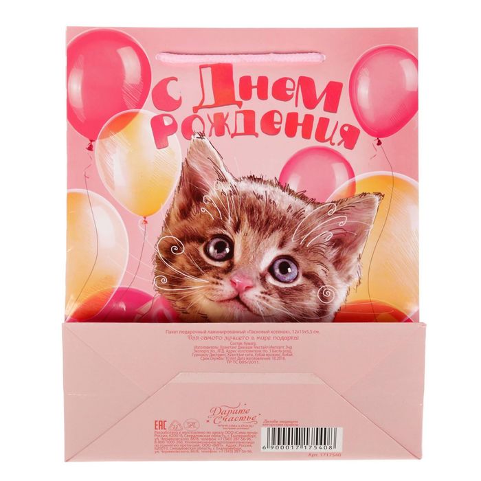 Пакет ламинированный вертикальный «Ласковый котенок», S 11 × 14 × 5,5 см