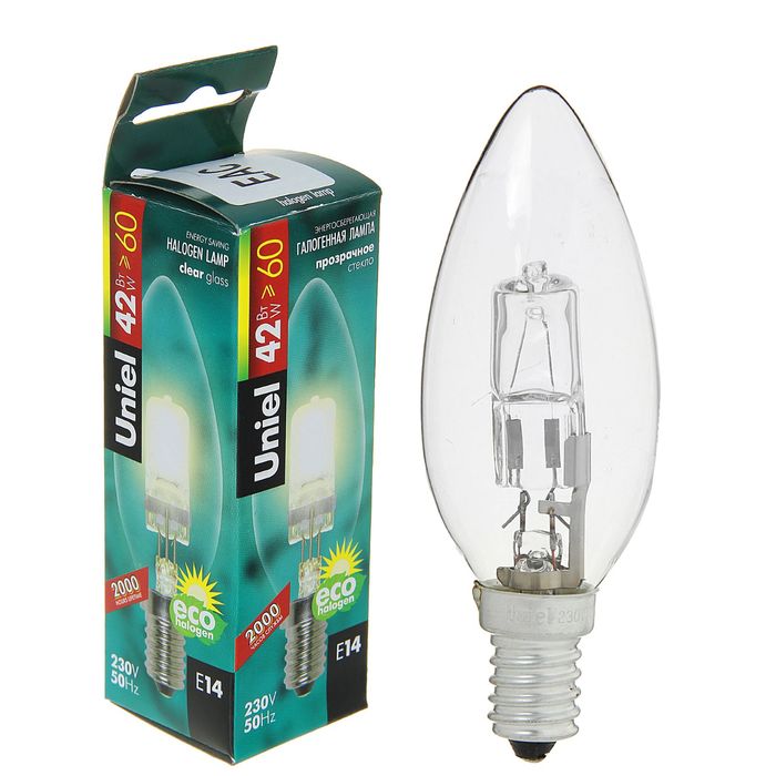 Лампа галогенная Uniel, Е14, 42 Вт, 230 В, "свеча", прозрачная