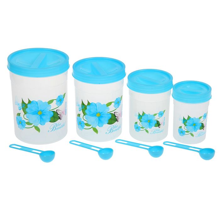 Набор банок для сыпучих продуктов 4 шт с ложками 7,5х11, 9х13, 10,5х15, 12х17 см (350 мл, 550 мл, 1 л, 1,45 л), МИКС