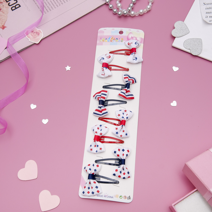 Заколки для волос "Бантики" (набор 8 шт.), морские, микс