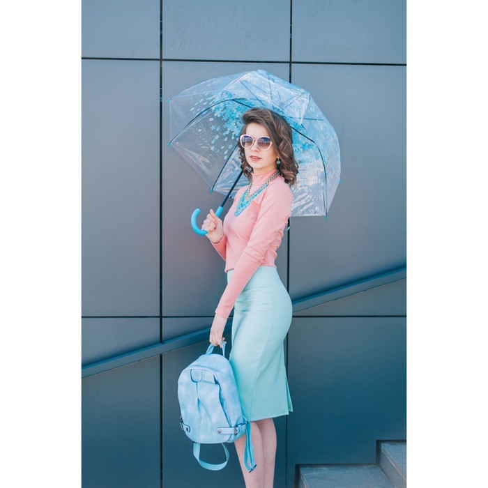 Зонт-трость "Цветы", полуавтоматический, R=40см, цвет голубой