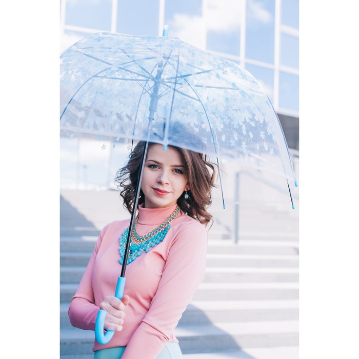 Зонт-трость "Цветы", полуавтоматический, R=40см, цвет голубой