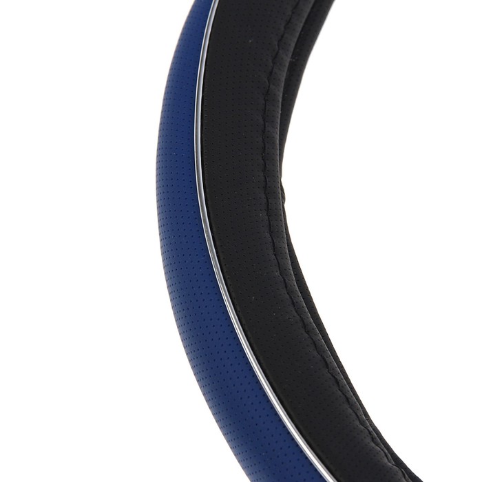 Оплетка TORSO, кожа PU, размер 38 см, черный/синий с хром полосой, перфорация
