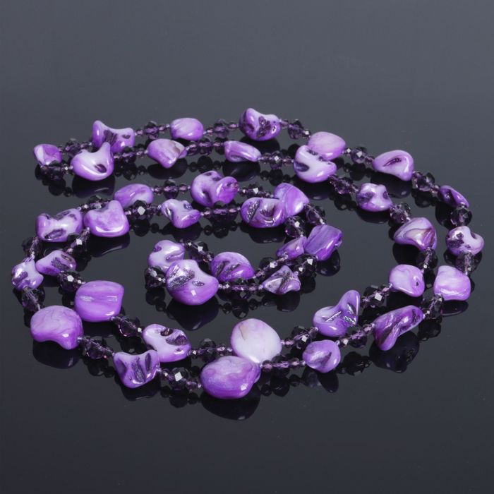 Бусы "Перламутр с хрусталём" галтовка крупная через узел, цвет фиолетовый, 120см