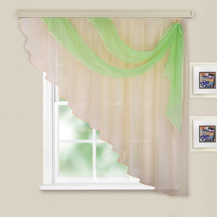 Комплект штор для кухни Азалия 285х160, цв.шампань, правая, вуаль принт МИКС, пэ100%