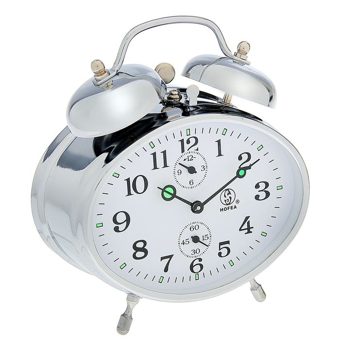 Будильник механический овал, хром, белый циферблат, 2 звоночка 12,5*14см