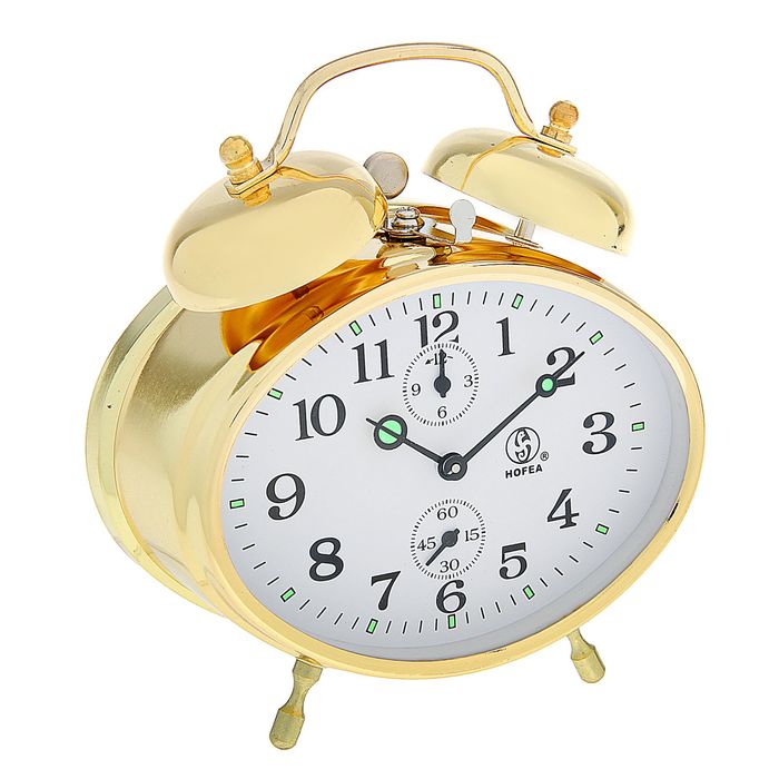 Будильник механический овал, золото, белый циферблат, 2 звоночка 12,5*14см